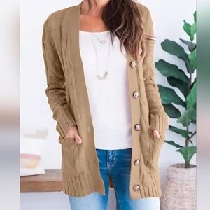 Women's Tan Cable Knit Cardigan Sweater